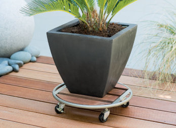 Support on wheels, made of solid stained wood and metal